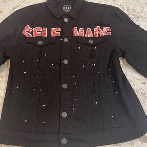 Spark Grunge Black Denim Jacket Punk “Self Made” Mens Acid Splat Paint